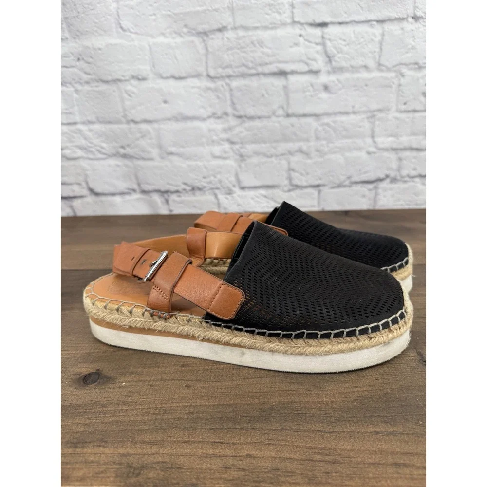 Vince Camuto Brettal Black Tan Leather Perforated Platform Espadrille Sandal 9.5